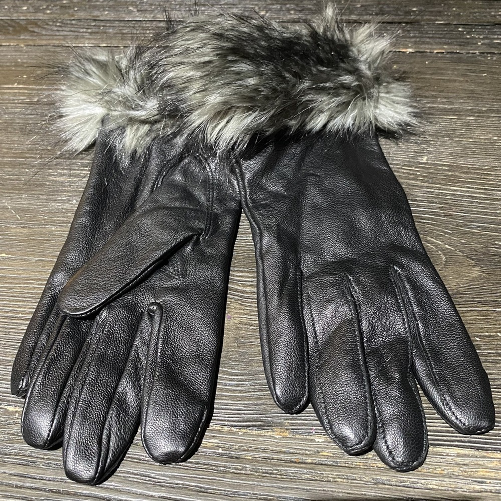 MIXIT Womens Driving Leather Lined Black Gloves W/faux Fur NWT Very Nice Sz.L